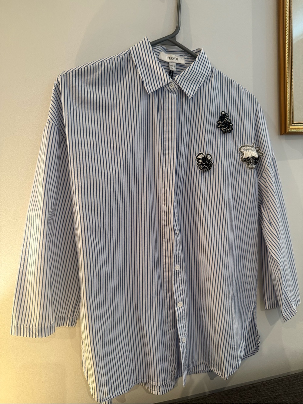 Cotton Blue & White Striped  Button-Up Shirt with Embroidered Patchesu